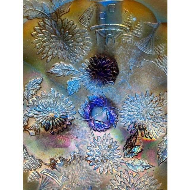 Glass Vintage Fenton Blue Carnival Glass Chrysanthemum & Windmills 3-Footed Bowl For Sale - Image 7 of 11