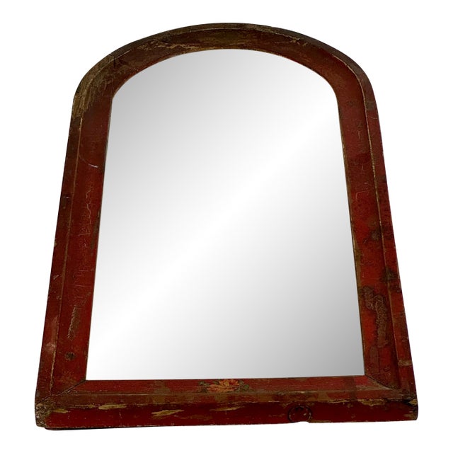 Antique Arched Top Wood Wall Mirror With Distressed Glass and Mini Painted Flowers For Sale