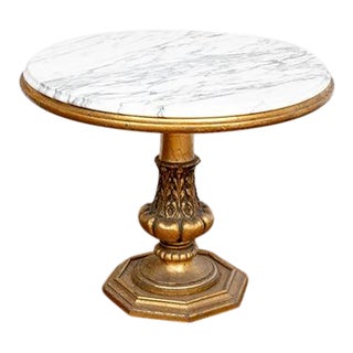 1960s Hollywood Regency Style Marbled Stone Top Round Table on Gilt Finished Wood Pedestal For Sale