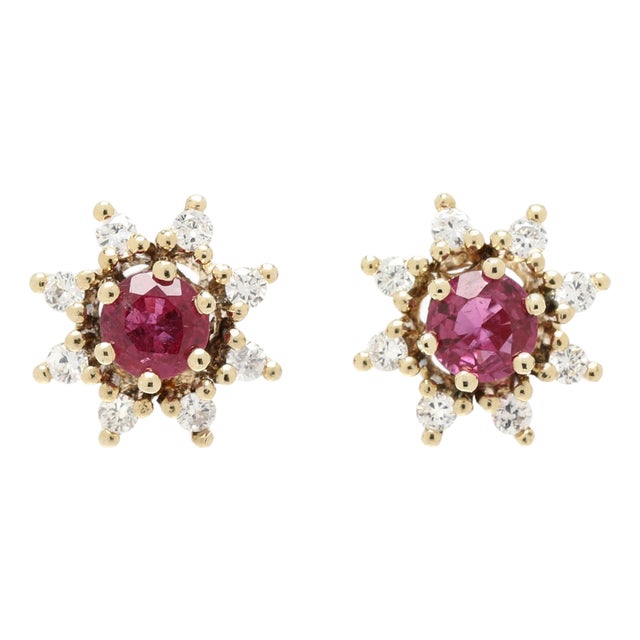0.95ctw Ruby & Diamond Stud Earrings, 14k Yellow Gold, Length 9.6 Mm For Sale