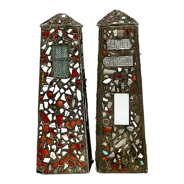 Vintage Coastal Cement Mosaic Garden Obelisks - a Pair For Sale