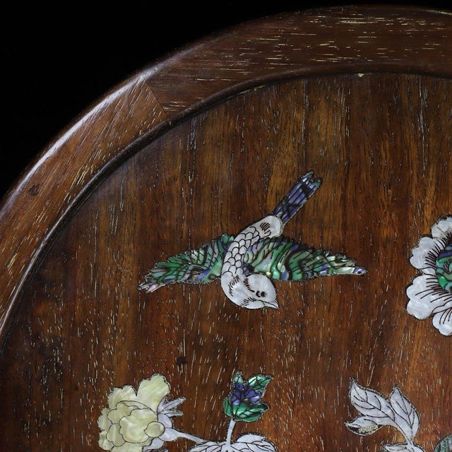 Wood Late 20th Century Wooden Table Screen With Mother-of-Pearl Bird and Floral Inlay For Sale - Image 7 of 10