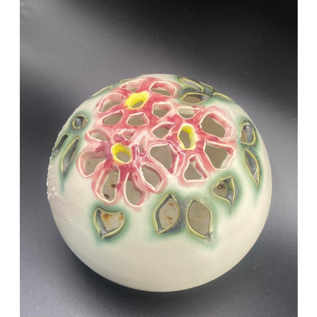 Clouds Folsom Pottery 1989 Sphere Orb Vase Floral Cutout Studio Art Signed 5" For Sale - Image 4 of 8