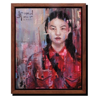 Embers Embrace by Stefan Smit | Oil on Panel Portrait of a Woman in a Red Shirt For Sale