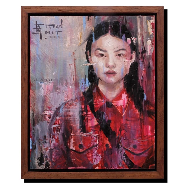 Embers Embrace by Stefan Smit | Oil on Panel Portrait of a Woman in a Red Shirt For Sale