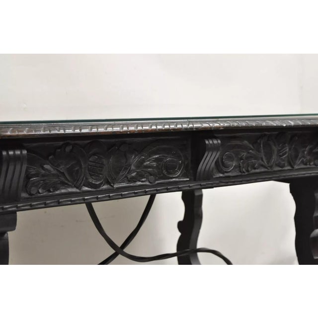 Antique 19th C Spanish Renaissance Carved Oak Wood 2 Drawer Library Table Desk For Sale - Image 11 of 12