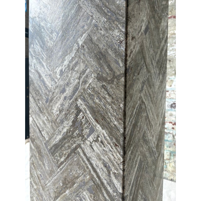 Stone Gray Stone Herringbone Pedestal With Sculptural Geometric Inlay For Sale - Image 7 of 9