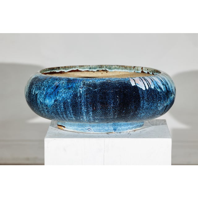 Mid 20th Century Vintage Shigaraki-Style Light Blue Planter with Organic Glaze and Wide Opening For Sale - Image 5 of 18