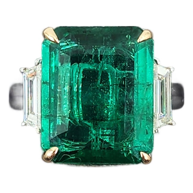 7.52 Ct GRS Certified Zambian Emerald & Diamond Ring, Size 6.5 For Sale