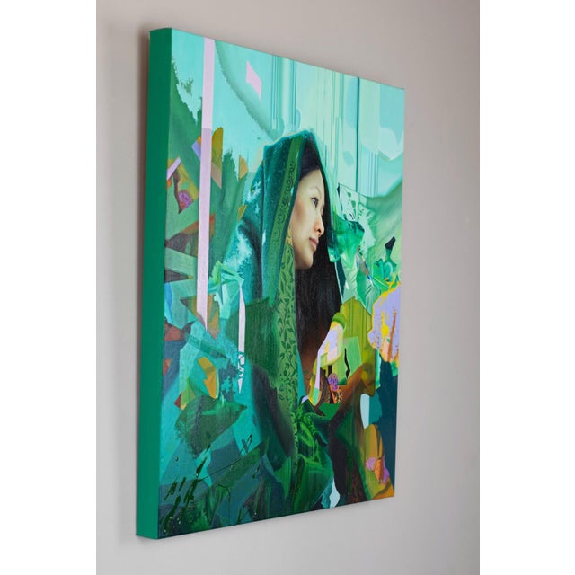 Contemporary Sabor a miel by Jessica Oliveras | Oil Painting of a woman in a green shawl with abstract elements For Sale - Image 3 of 5