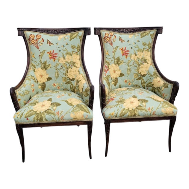1930s Pair Italian Fireside Chairs Floral Upholstery Carved Wood Accent Chairs For Sale - Image 4 of 17