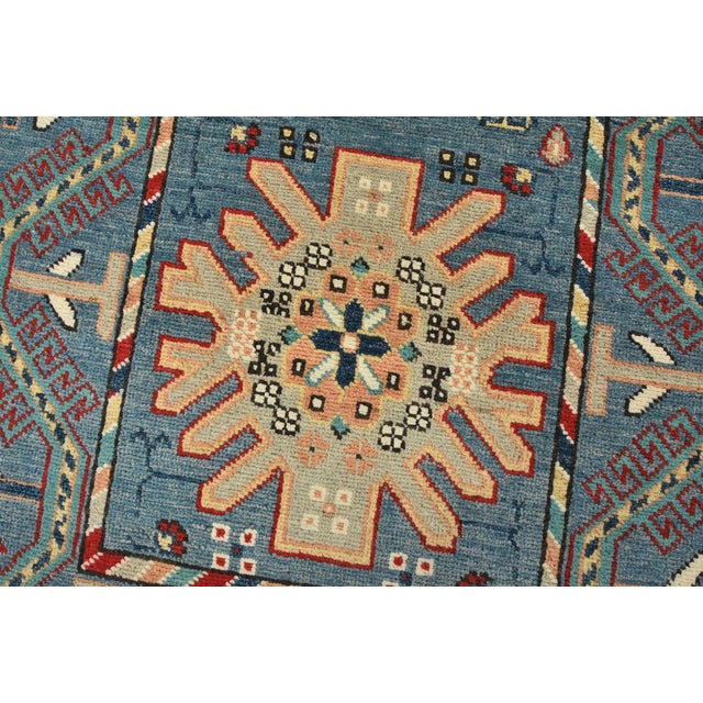 Kazak Runner 2’7” X 9’9” Blue Wool Tribal Hand-Knotted Oriental Rug For Sale - Image 4 of 13