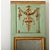 An exceptional trumeau mirror from 18th century, France, carved and parcel gilt on boiserie paneling in a weathered aqua....