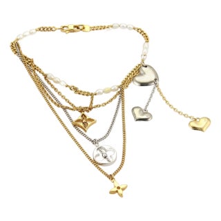 Louis Vuitton Monogram Pearls 18k Two Tone Gold Multi-Charms Chain Bracelet For Sale