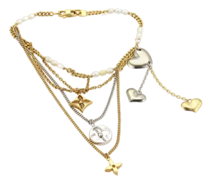 Louis Vuitton Monogram Pearls 18k Two Tone Gold Multi-Charms Chain Bracelet