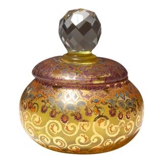 Vintage Bohemian Czechoslovakian Glass Powder or Trinket Jar With Crystal Finial For Sale