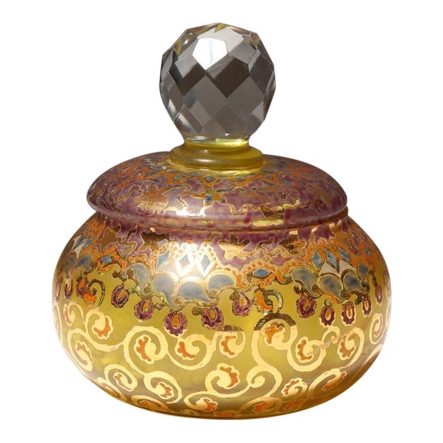 Vintage Bohemian Czechoslovakian Glass Powder or Trinket Jar With Crystal Finial For Sale