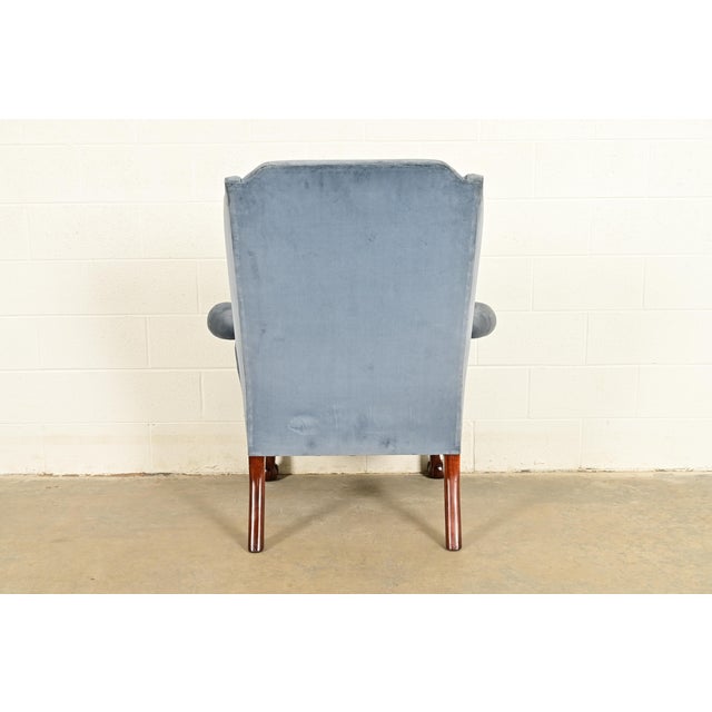 Kindel Furniture Chippendale Carved Mahogany Blue Velvet Upholstered Wingback Lounge Chair For Sale - Image 10 of 15