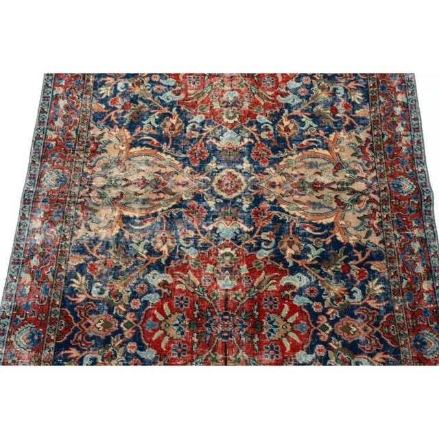 Antique Distressed Persian Tabriz-Style Navy & Red Floral Rug For Sale - Image 4 of 7
