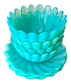Mid 20th-Century Murano-Style Art Glass Translucent Petal Swirl Bowls & Under Plates Set- 8 Pieces