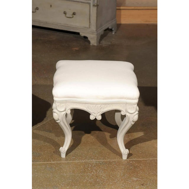 Late 19th Century 1890s Swedish Rococo Style Carved Painted Upholstered Stools - a Pair For Sale - Image 5 of 9