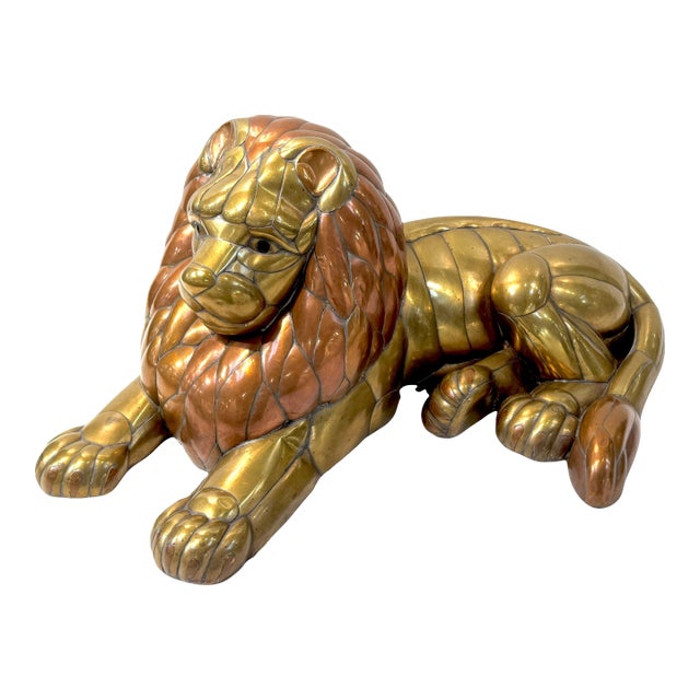 Large Copper & Brass Lion Sculpture Attributed to Sergio Bustamante Mexico, 1970 For Sale