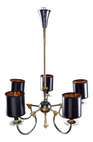 Maison Jansen 5-Light Bronze, Glass & Gunmetal Chandelier with Black Shades
