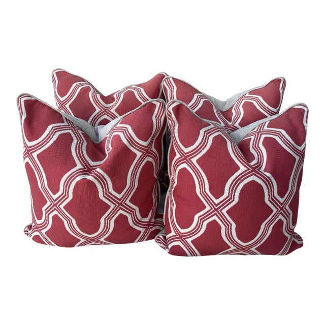 Set of 4 Dusty Salmon Trellis Print Two Tone Decor Pillows For Sale