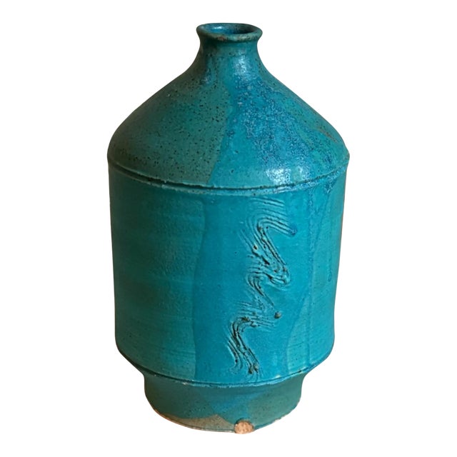 1960s Turquoise Matte Stoneware Vase 9.25”, Signed For Sale