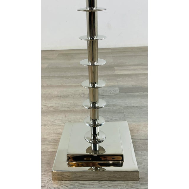 Unique Currey & Company Modern Polished Nickel Side Table Prototype, mirror top, showroom floor sample