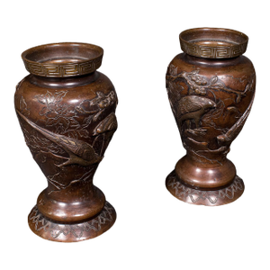 Pair of Antique Decorative Meiji Vases, Japanese, Bronze, Bouquet Pot, Victorian