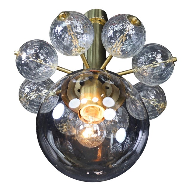Mid-20th Century Chandelier with Brass Fixture and Hand-Blown Glass Globes, 1960s For Sale
