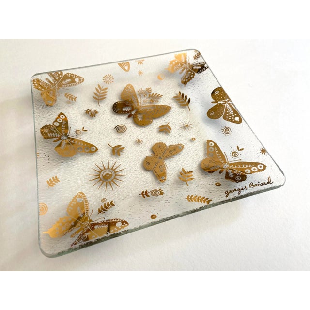 Glass Vintage 1960's Mid Century Modern Georges Briard Gold Leaf Butterflies Glass Canape Hors d'Oeuvre Square Plates - Set of 9 For Sale - Image 7 of 12
