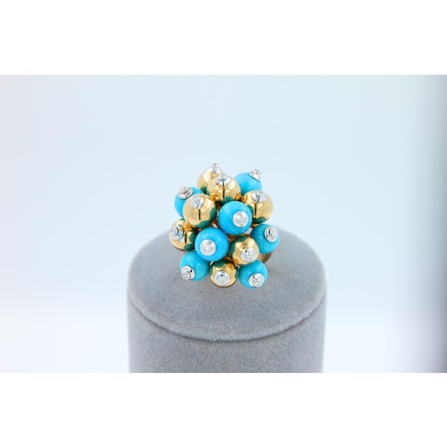 Blue Turquoise Diamonds Golden Spheres Balls Christmas Bells Motif 18k Gold Ring, Size 7 For Sale - Image 12 of 18