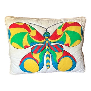 Mid-Century Modern Rectangular Accent Pillow With Quilted Mod Graphic Butterfly Design Circa 1970 For Sale