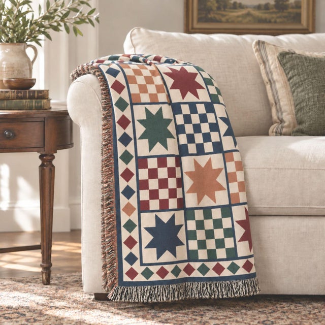 Ralph Lauren Folk Art Star Woven Throw Blanket – Checkerboard Patchwork, 60 × 50 For Sale - Image 4 of 5