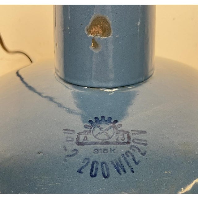 Industrial Blue Enamel Factory Lamp with Cast Iron Top, 1960s For Sale - Image 12 of 14