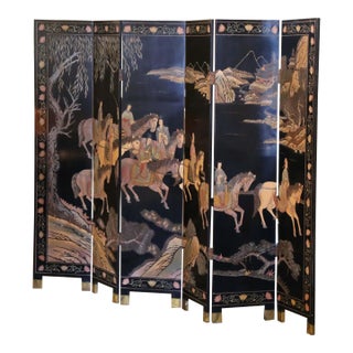 Early 20th Century Chinese Lacquered Ebonized Six-Panel Decorative Screen For Sale