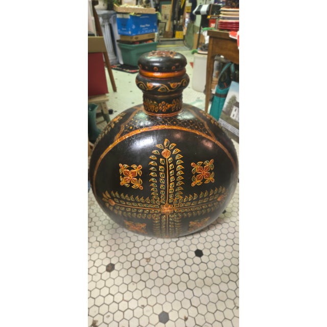 Vintage Hand-Painted Blackware Pottery Bottle Vase With Floral Folk Art Motif For Sale - Image 18 of 18