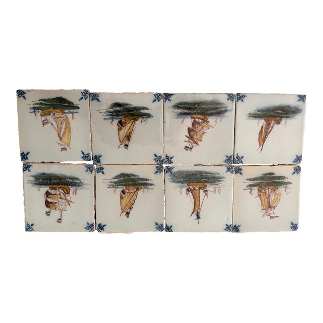 Rescued Vintage 1974 Set of Eight (8) Hand Painted Dutch Delft Polychrome Tiles Sailing Ships For Sale
