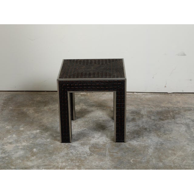 Mid 20th Century Vintage Italian Midcentury Faux Alligator Side Table with Metal Accents For Sale - Image 5 of 10
