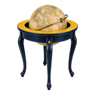 Midnight Blue & Canary Yellow Vintage Library Globe on Queen Anne Stand – New York Loft Designer Decor For Sale