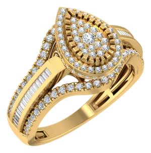 10K Yellow Gold Round Baguette Diamond Pear Shape Sz 7 Designer Ladies Ring 3/4 Cttw