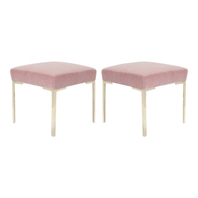 Astor Petite Brass Ottomans in Blush Mohair by Montage - Pair For Sale
