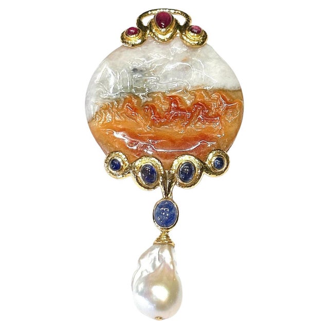 Bochic “Orient” Vintage Jade & Blue Sapphire Brooch, Pendant Set In 18K Gold For Sale In New York - Image 6 of 8