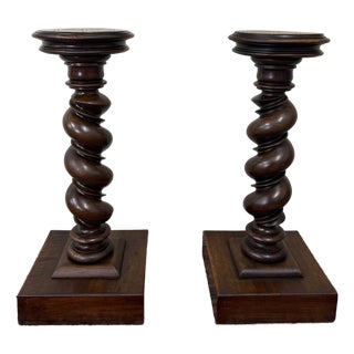 Antique Pair French Louis XIII Barley Twist Pedestals Plant Stands Oak 33" T For Sale