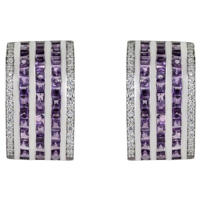 Amethyst Multi-Line Bar Earrings With Zircon Accents in 925 Silver, A Pair For Sale - Image 9 of 9