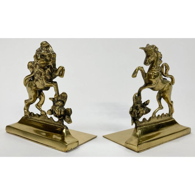Victorian Vintage Victorian Brass English Rose, Lion and Unicorn Bookends For Sale - Image 3 of 5