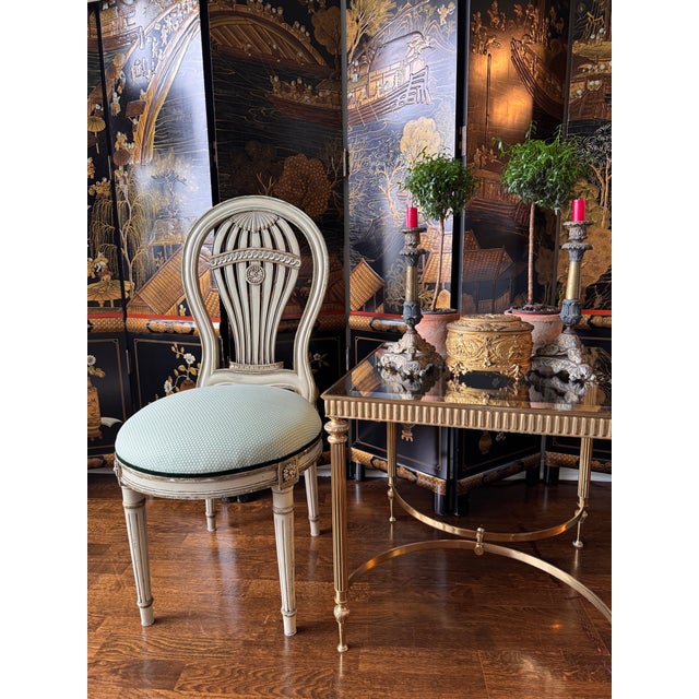 Vintage Louis XVI Montgolfier Painted Chair Structurally- sound, Pistachio printed upholstery with emerald green trim....
