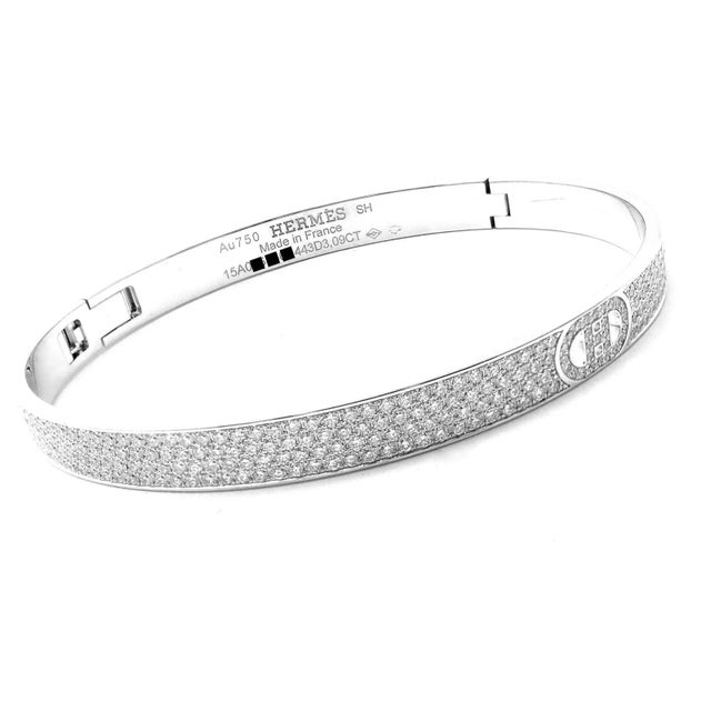 Silver Hermes H D'Ancre 18k White Gold Diamond Small Model Bangle Bracelet For Sale - Image 8 of 12